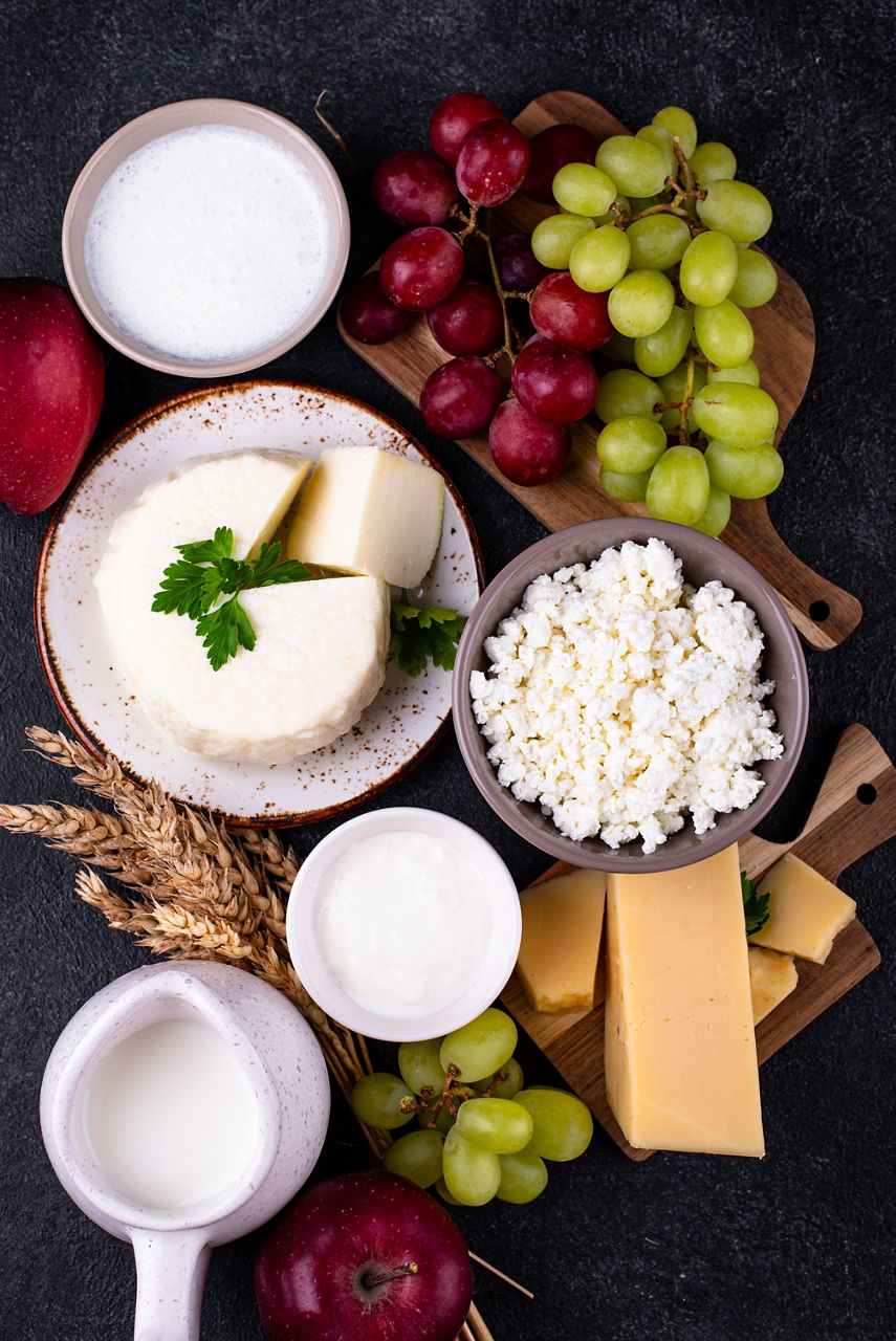 Judaic holiday Shavuot concept. Tzfat cheese and dairy products
