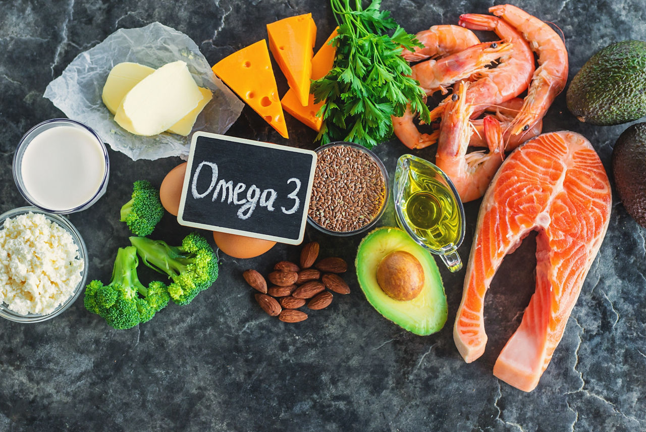 Products contain Omega 3. Selective focus. food.