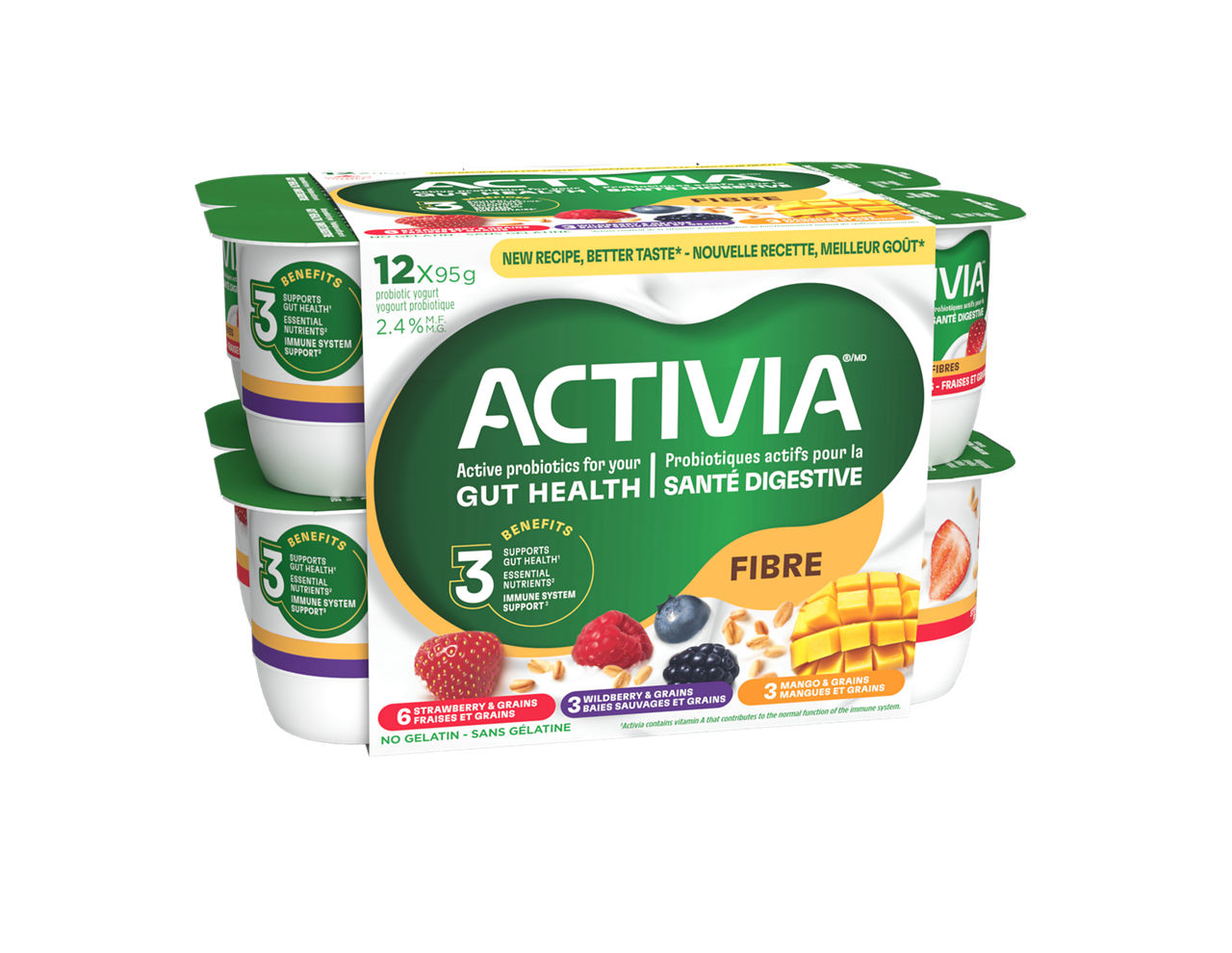 Strawberry & grains, Wildberry & grains, Mango & grains probiotic yogurt | Activia