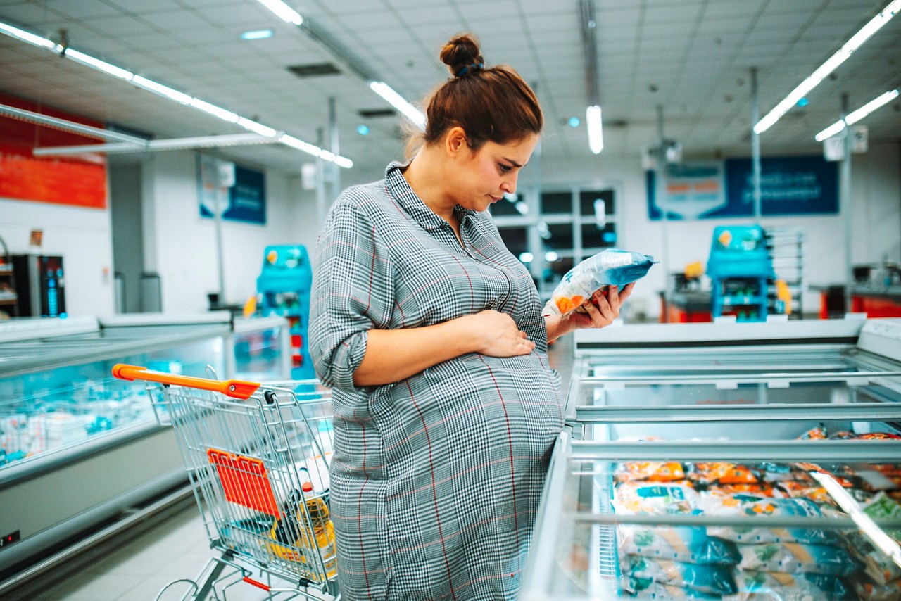 Une femme enceinte vetue d une robe a carreaux fait ses courses dans le rayon des aliments surgeles d un supermarche. Elle tient un article emballe a c�te d un caddie. Le cadre dispose d un eclairage vif, d ecrans de congelateur et d une disposition propre et organisee.