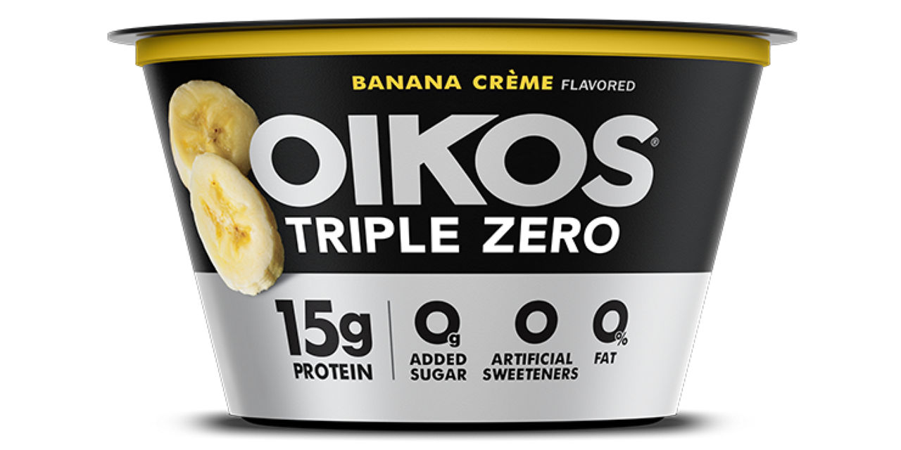 Front angle of Oikos Triple Zero Banana flavor cup
