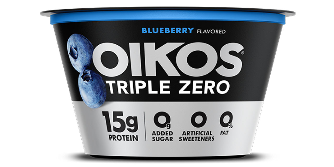 Front angle of Oikos Triple Zero Blueberry flavor cup
