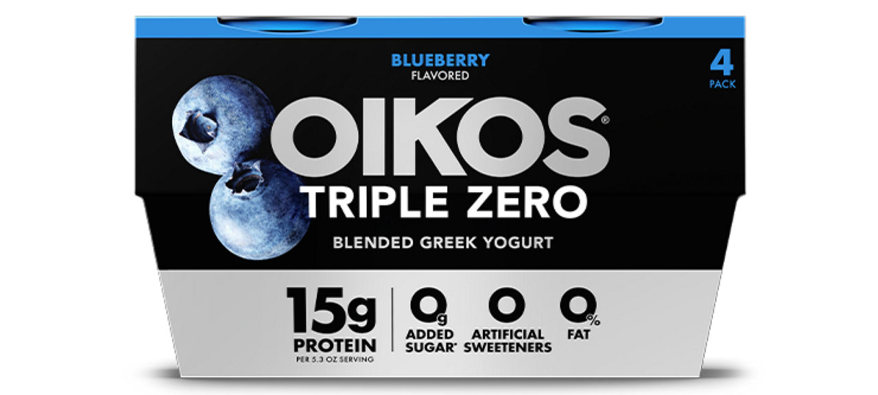 Front angle of Oikos Triple Zero Blueberry flavor 4 pack