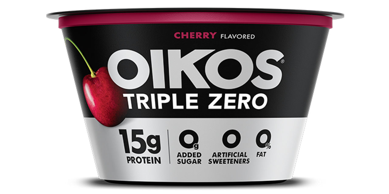 Front angle of Oikos Triple Zero Cherry flavor cup