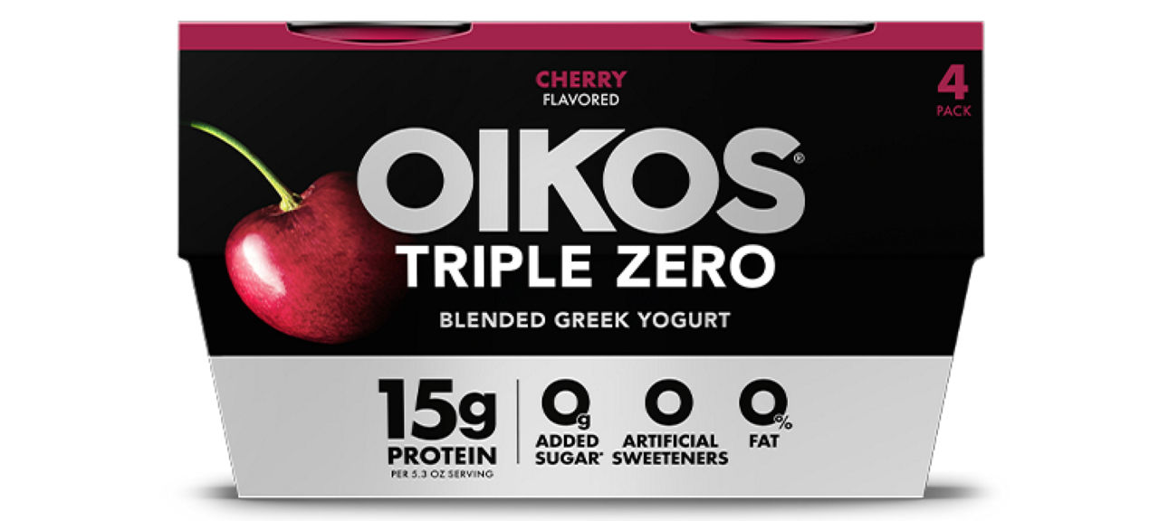 Front angle of Oikos Triple Zero Cherry flavor 4 pack