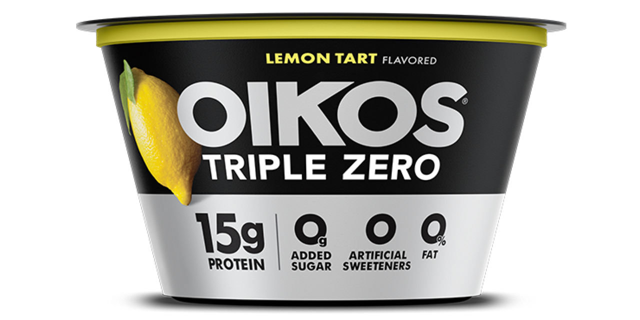 Front angle of Oikos Triple Zero Lemon Tart flavor cup