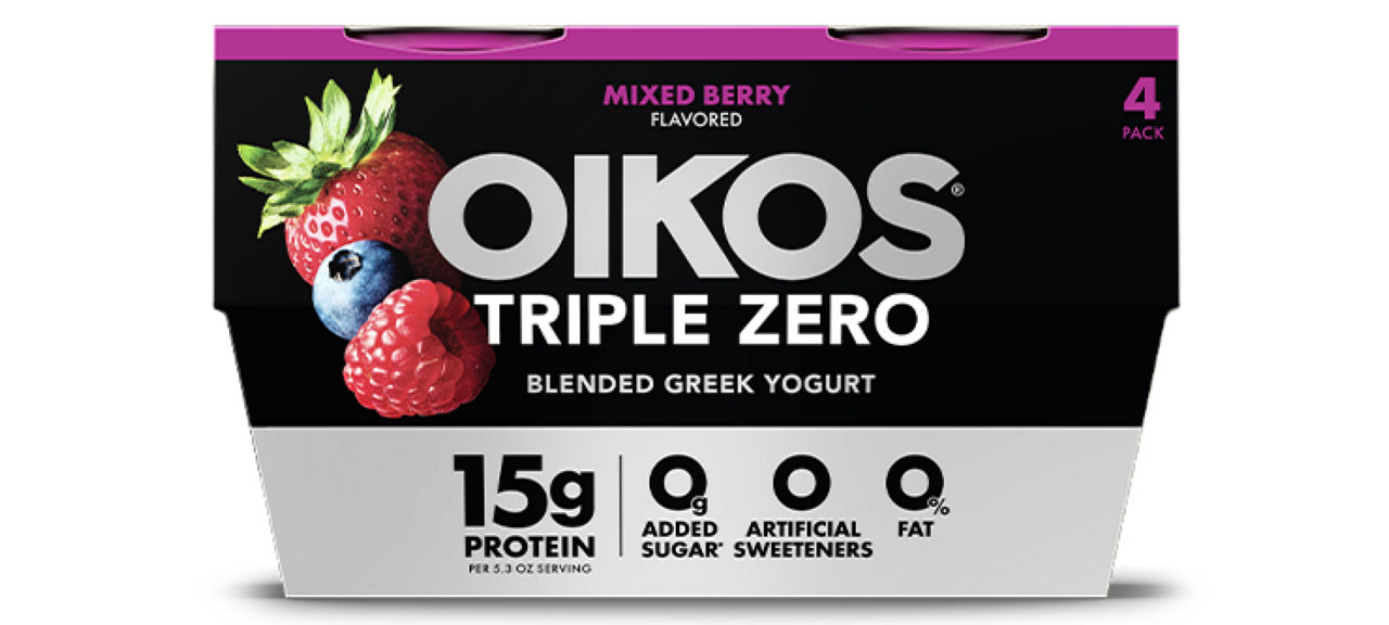 Front angle of Oikos Triple Zero Mixed Berry flavor 4 pack