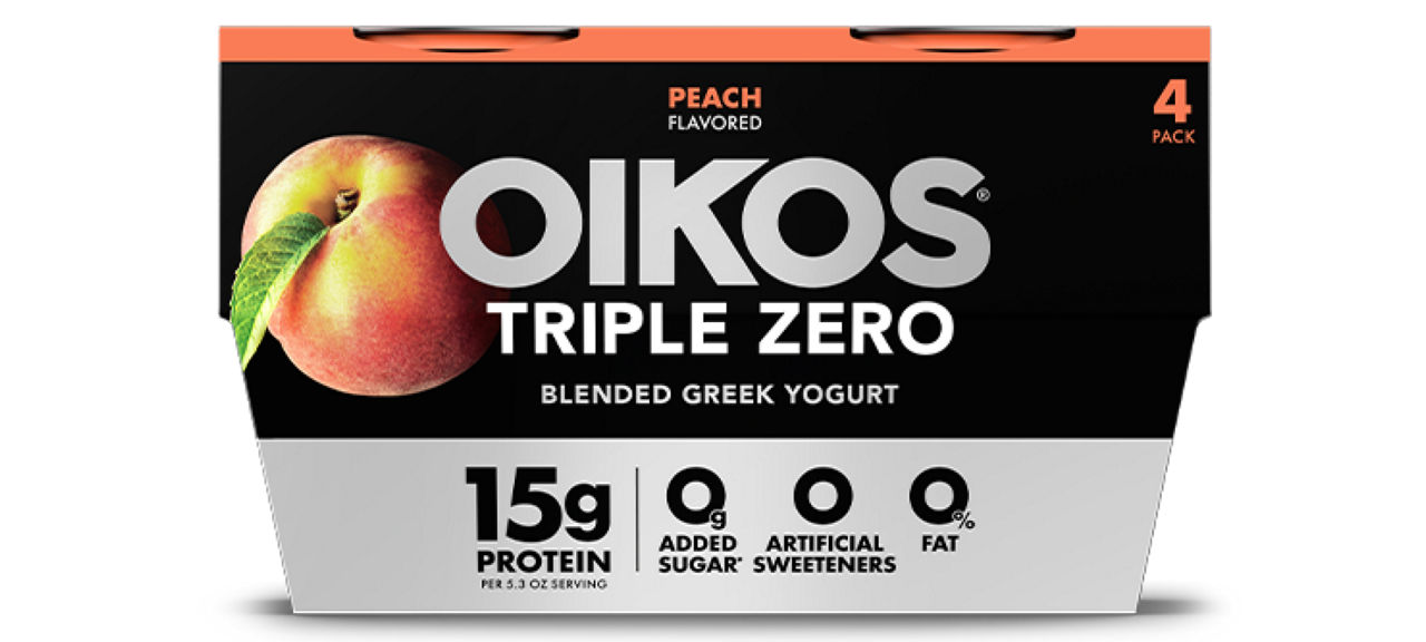 Front angle of Oikos Triple Zero Peach flavor 4 pack