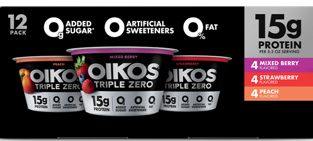 Front angle of Oikos Triple Zero Peach and Strawberry and Mixed berry flavor 12 pack