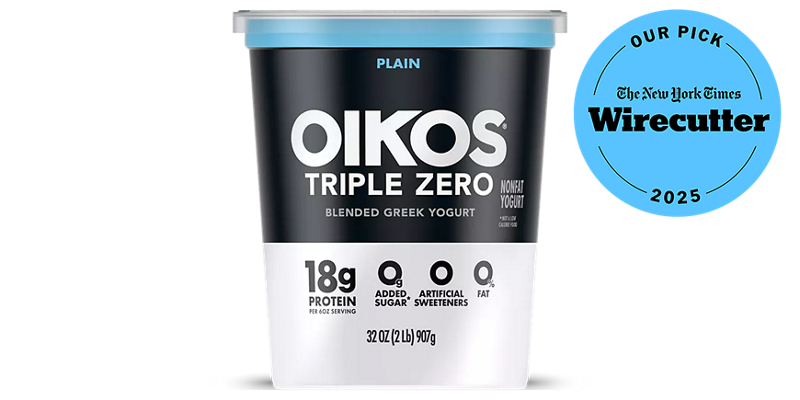 Oikos Triple Zero Plain nonfat blended Greek yogurt 32 oz quart, 18g protein per 6 oz serving