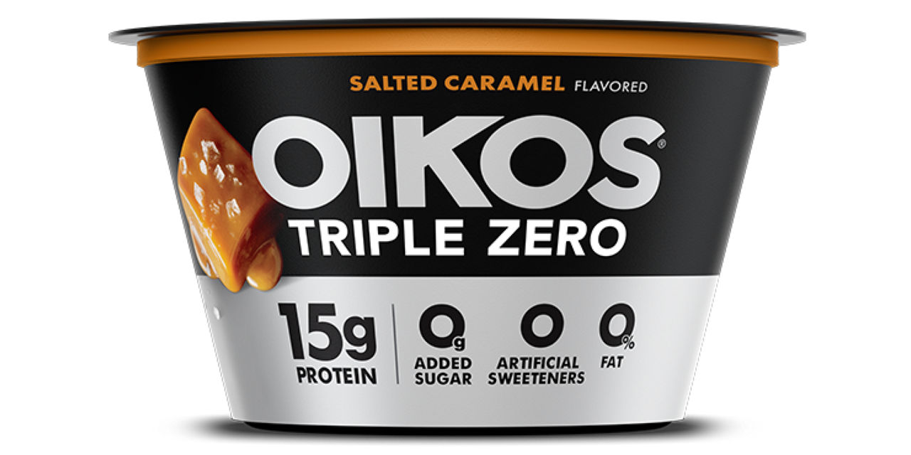 Front angle of Oikos Triple Zero Salted Caramel flavor cup