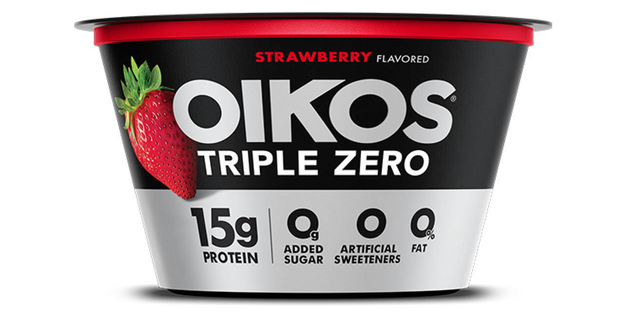 Front angle of Oikos Triple Zero Strawberry flavor cup