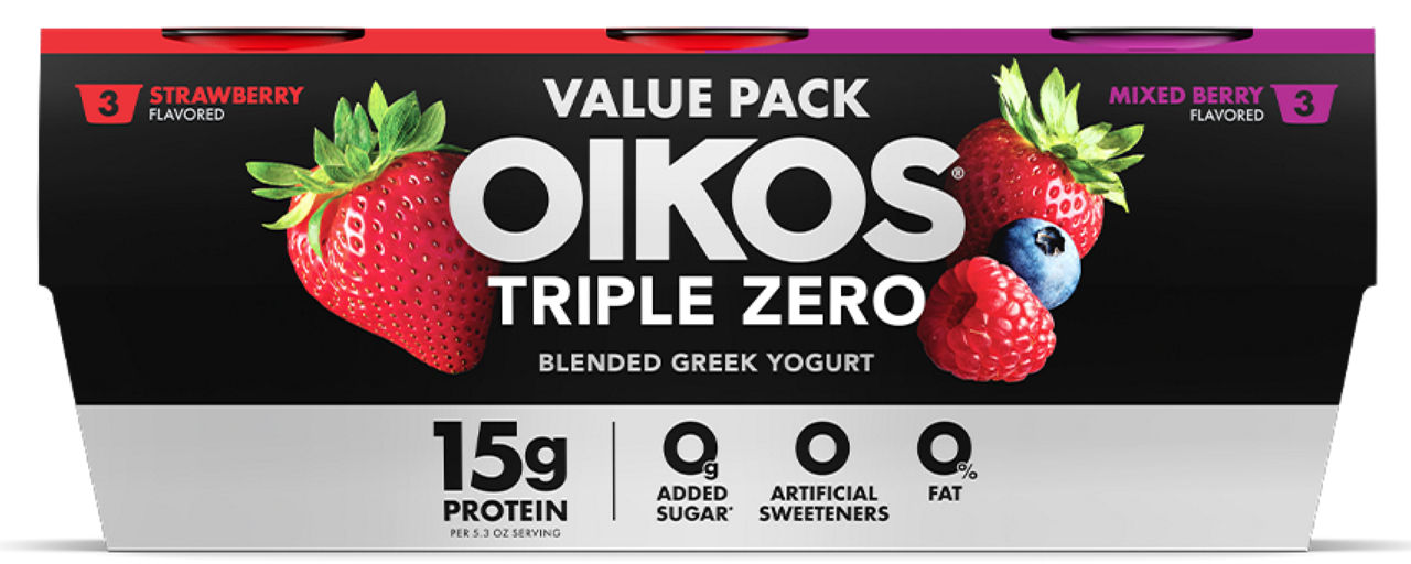 Front angle of Oikos Triple Zero Strawberry and Mixed Berry flavor 6 pack