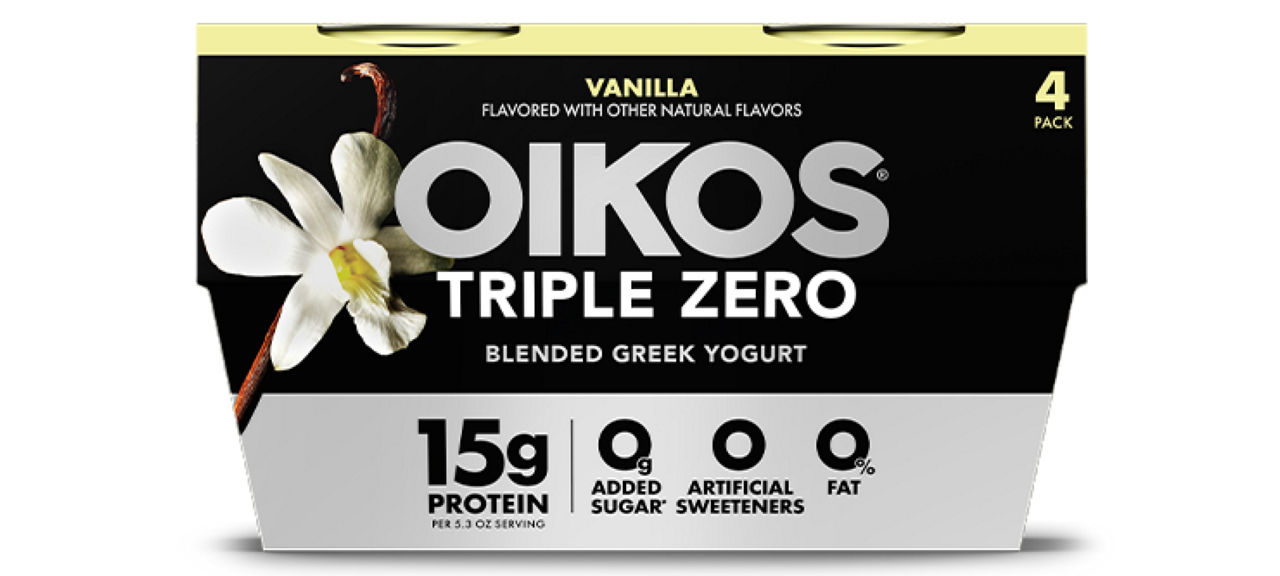 Front angle of Oikos Triple Zero Vanilla flavor 4 pack