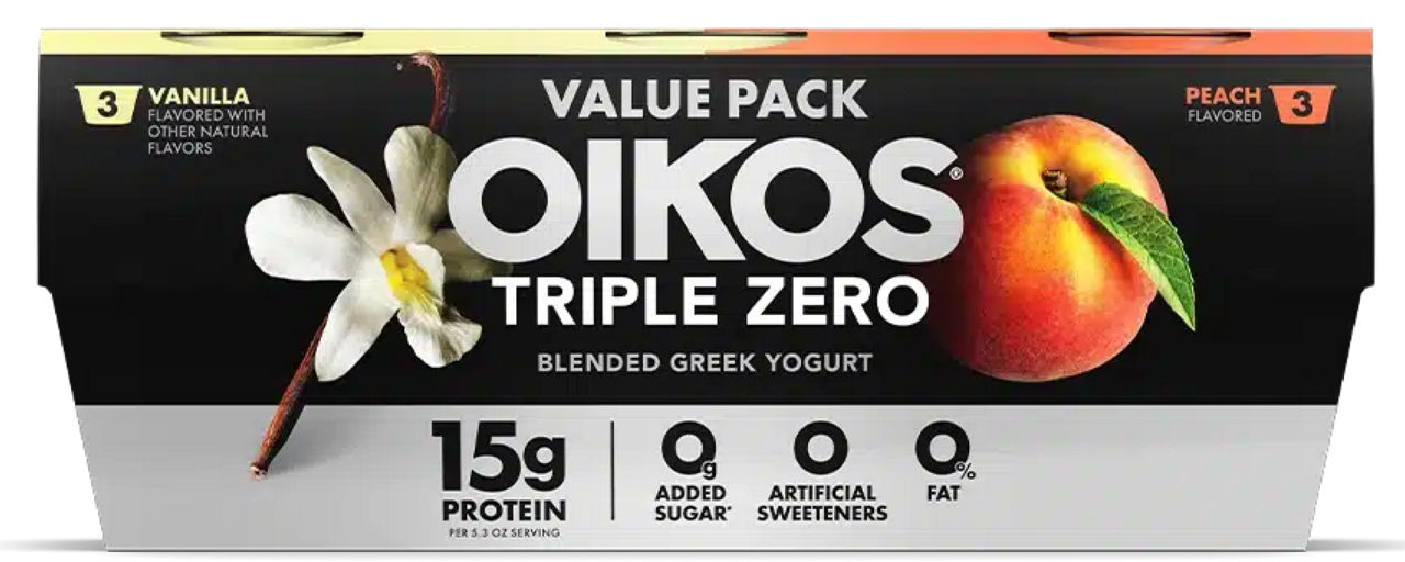 Front angle of Oikos Triple Zero Vanilla and Peach flavor 6 pack