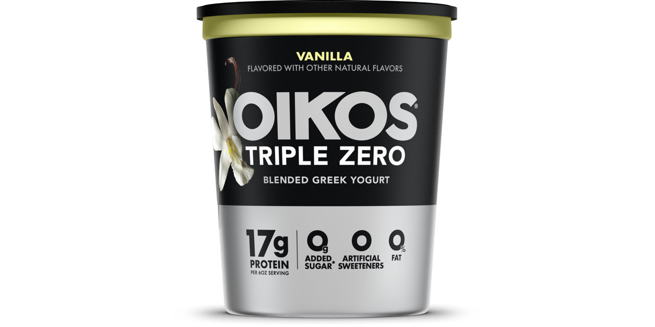 Front angle of Oikos Triple Zero Vanilla flavor quart