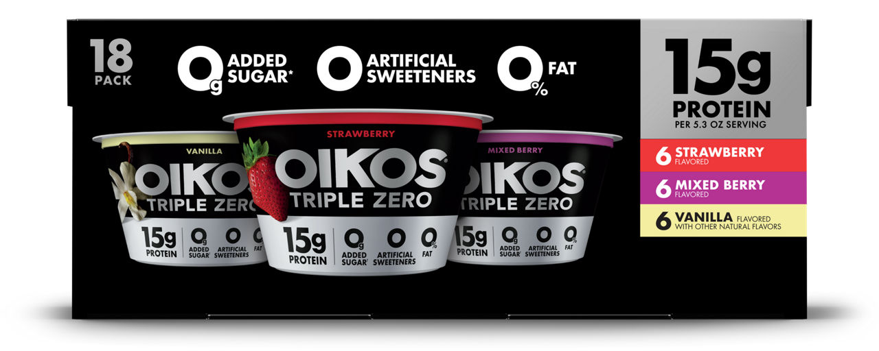 Front angle of Oikos Triple Zero Vanilla and Strawberry and Mixed berry flavor 18 pack