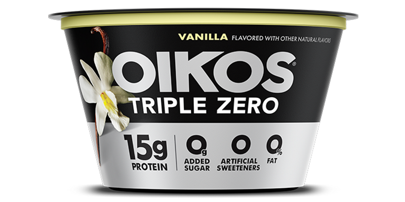 Oikos Triple Zero Vanilla nonfat Greek yogurt 5.3 oz cup, 15g protein, 0g added sugar, 0 artificial sweeteners
