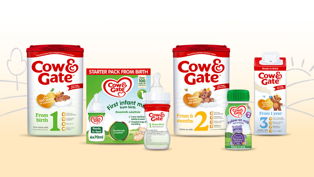 picture of all cow and gate milk products on a yellow background