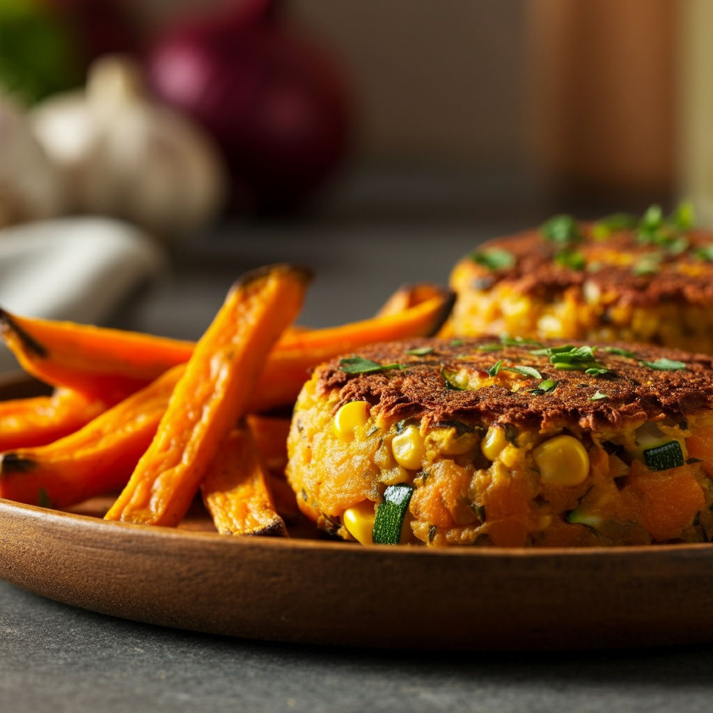A close-up of crispy vegetable patties served alongside roasted sweet potato fries on a wooden plate. The patties feature visible corn kernels and diced zucchini, garnished with fresh herbs. The setting includes a blurred background with garlic and onions, suggesting a kitchen or dining environment.