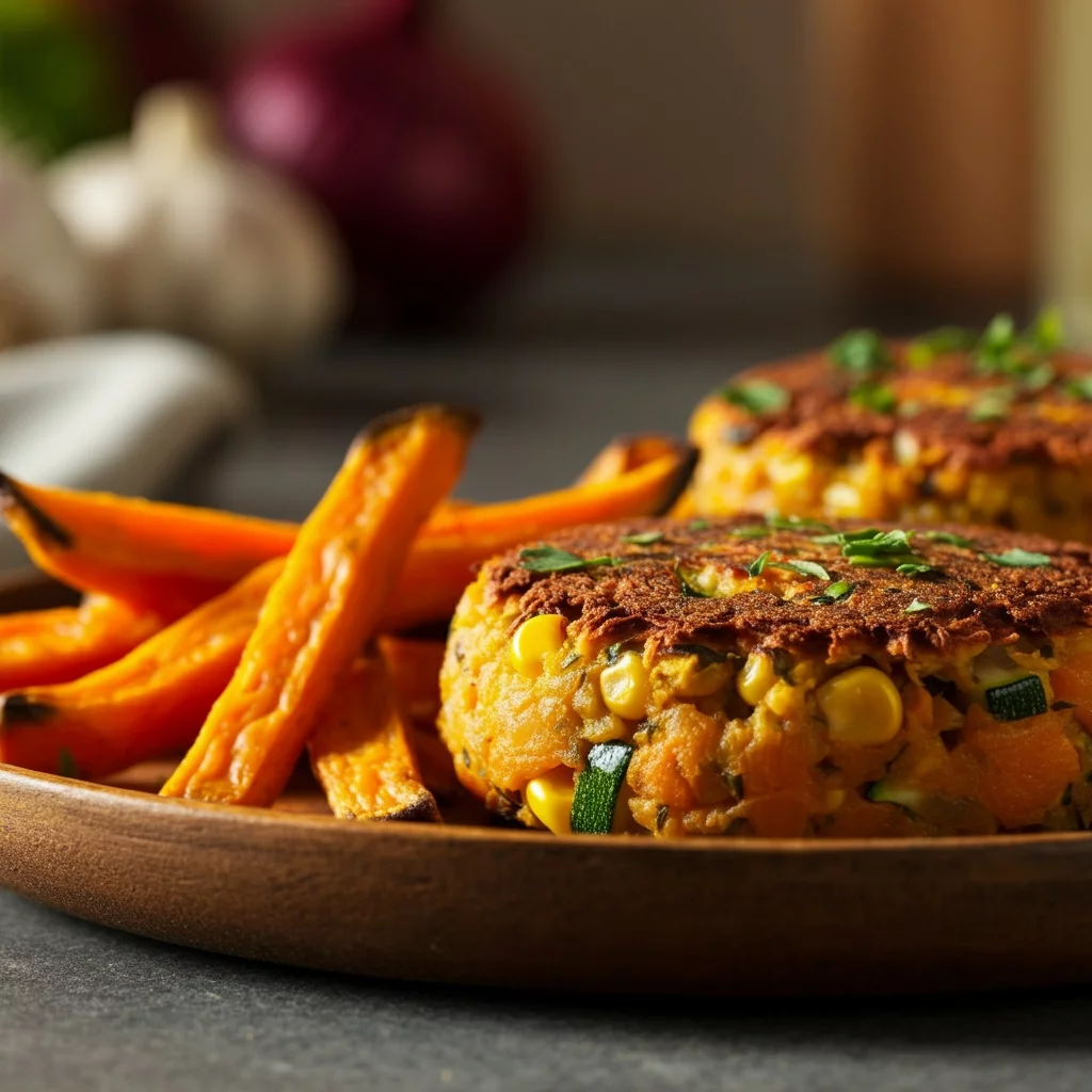 A close-up of crispy vegetable patties served alongside roasted sweet potato fries on a wooden plate. The patties feature visible corn kernels and diced zucchini, garnished with fresh herbs. The setting includes a blurred background with garlic and onions, suggesting a kitchen or dining environment.