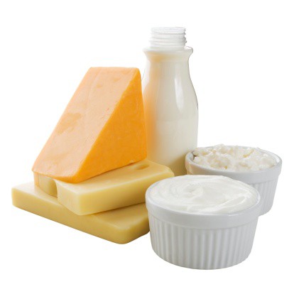Close up of milk, cheese and dairy products