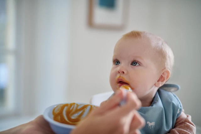 Baby being fed from a bowl