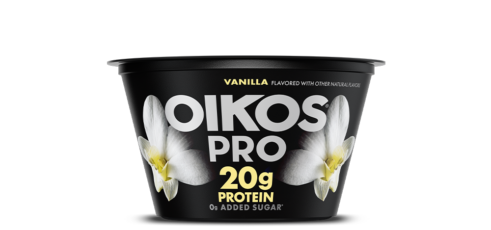 Front angle of Oikos Pro Vanilla flavor cup
