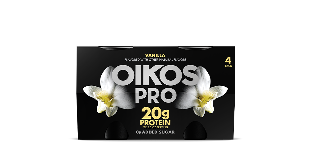 Front angle of Oikos Pro Vanilla flavor cup