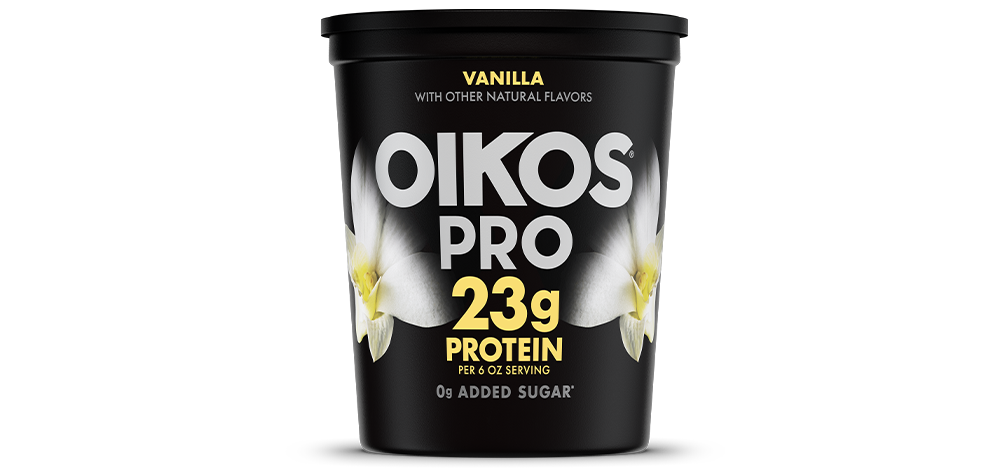 Front angle of Oikos Pro Vanilla flavor cup