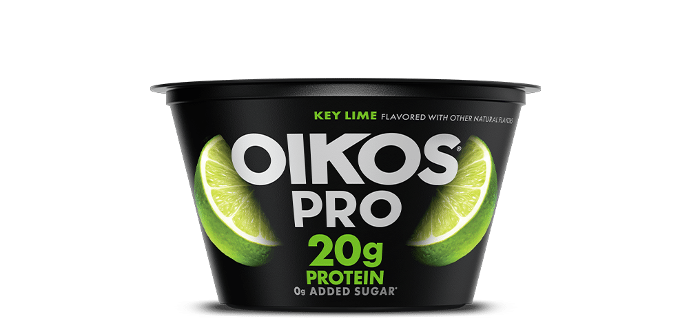 Front angle of Oikos Pro Vanilla flavor cup