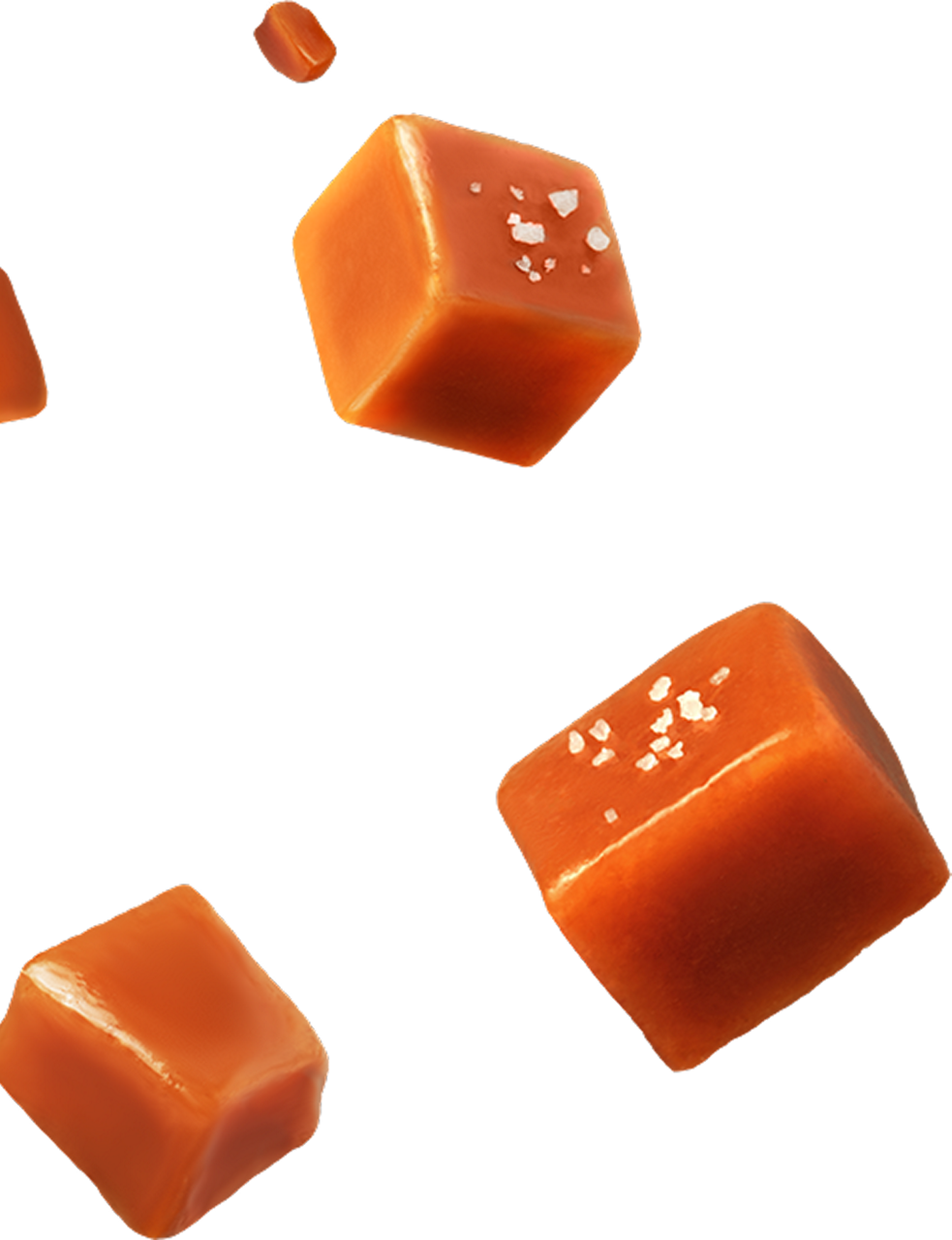 Salted caramel cubes floating in air