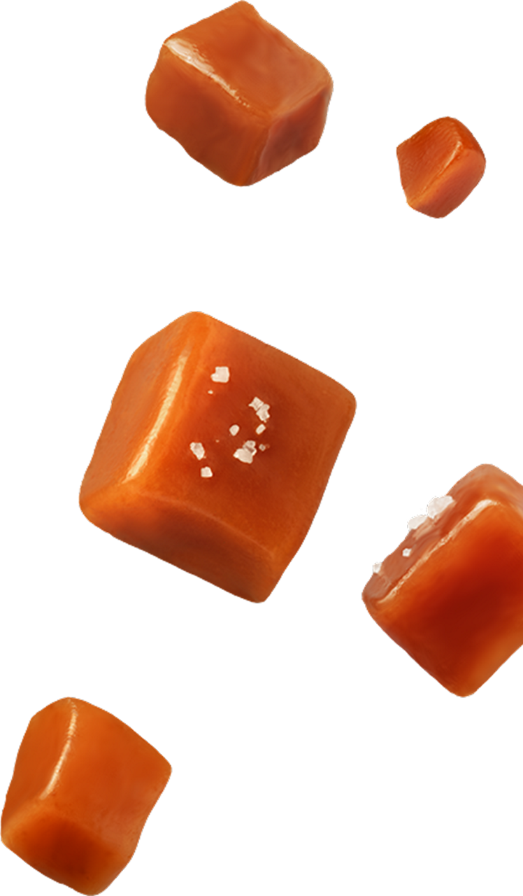 Salted caramel candy pieces floating